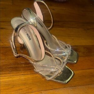 Fashion Nova Gold Stiletto Heels with Strappy Design